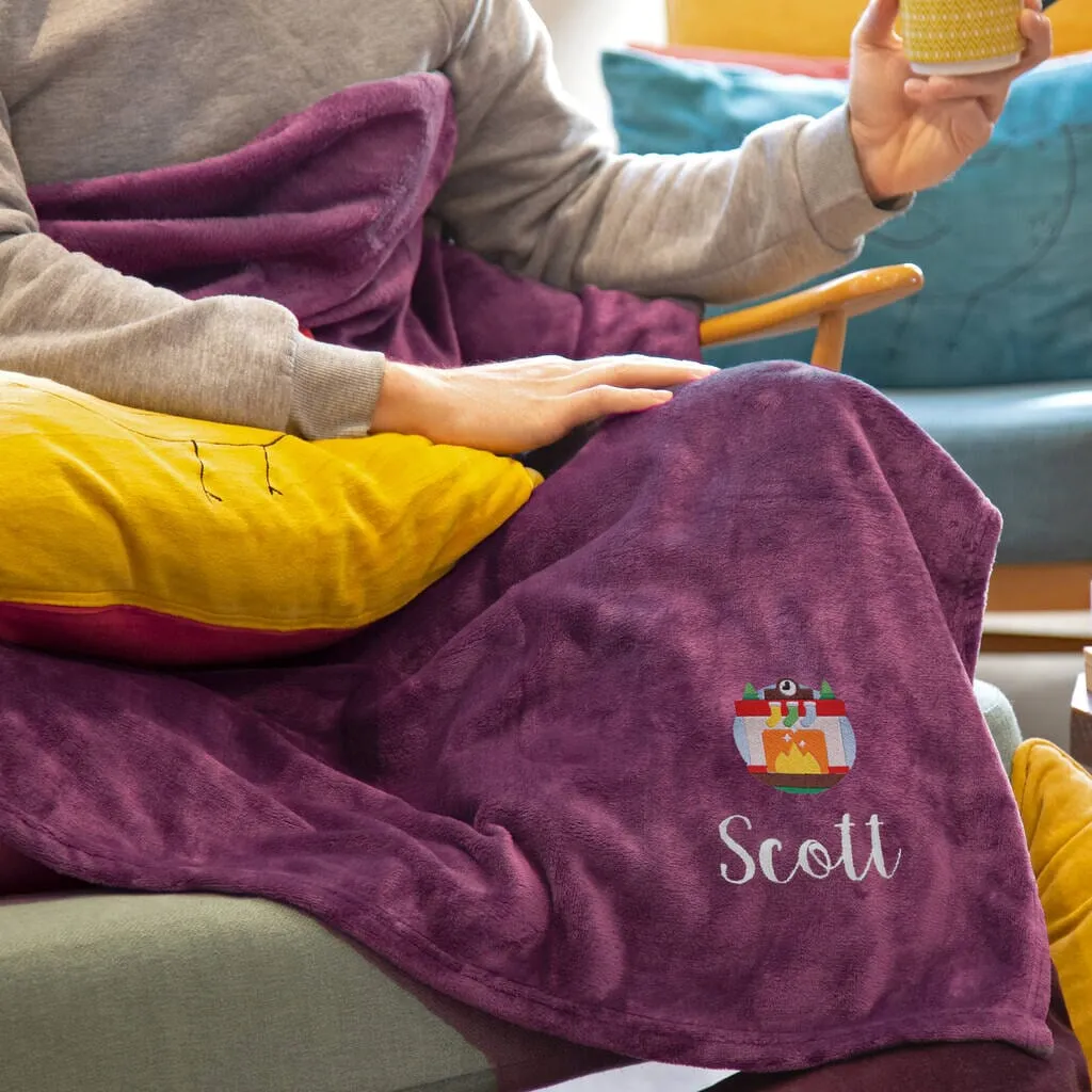 Personalised Cosy Christmas Blanket With Embroidered Winter Fireplace Design
