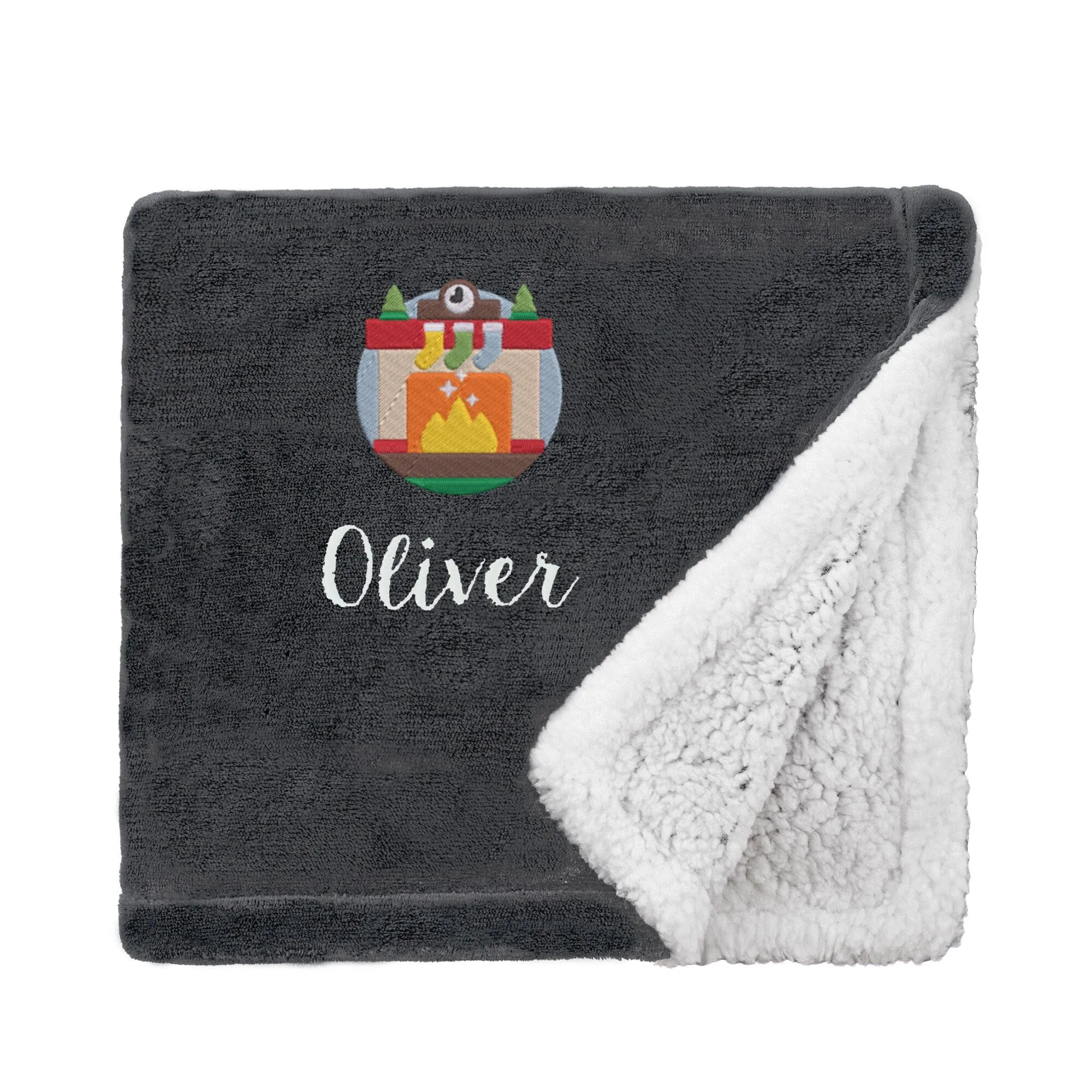 Personalised Cosy Christmas Blanket With Embroidered Winter Fireplace Design