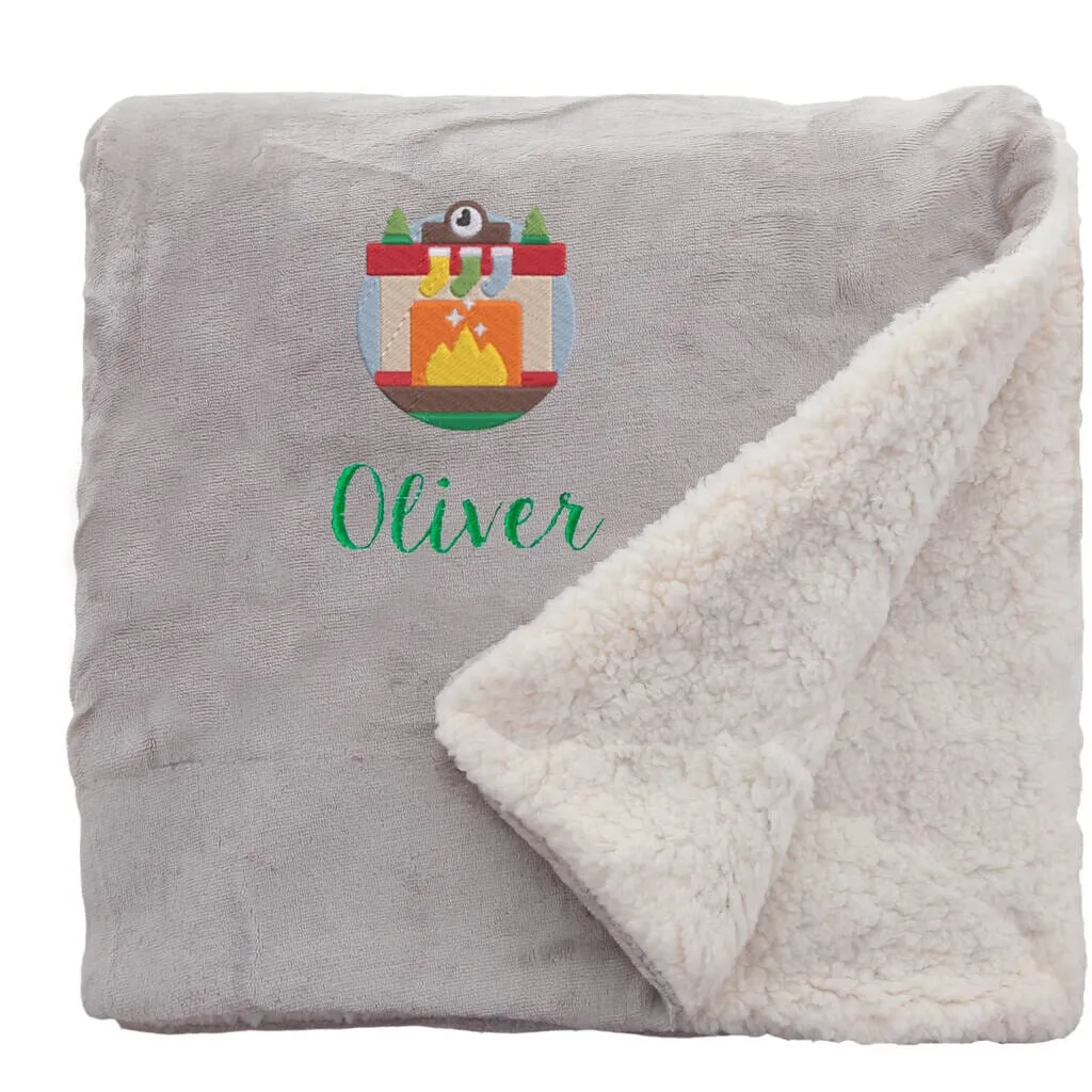 Personalised Cosy Christmas Blanket With Embroidered Winter Fireplace Design