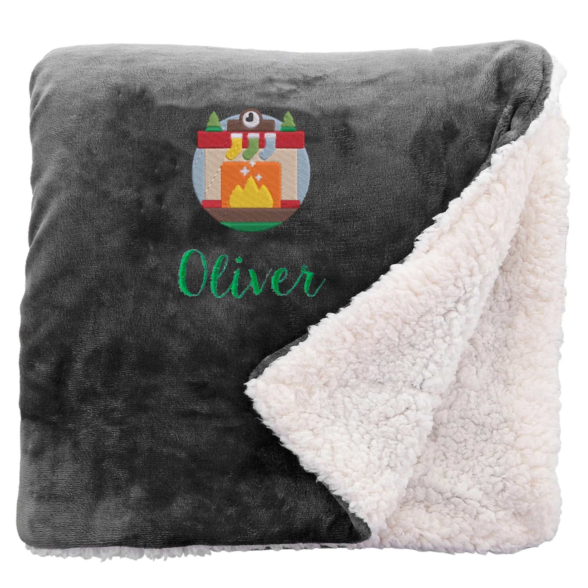 Personalised Cosy Christmas Blanket With Embroidered Winter Fireplace Design