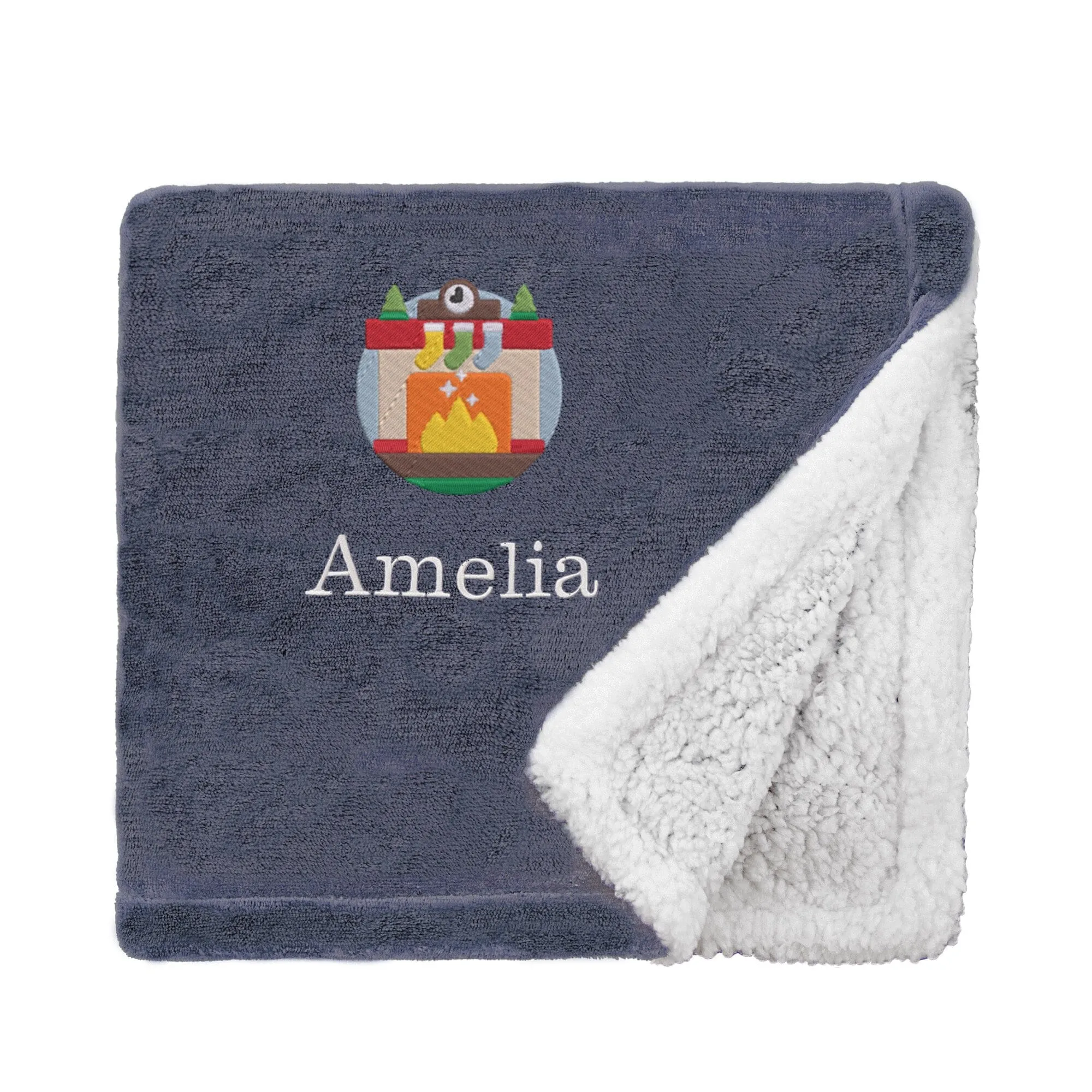 Personalised Cosy Christmas Blanket With Embroidered Winter Fireplace Design