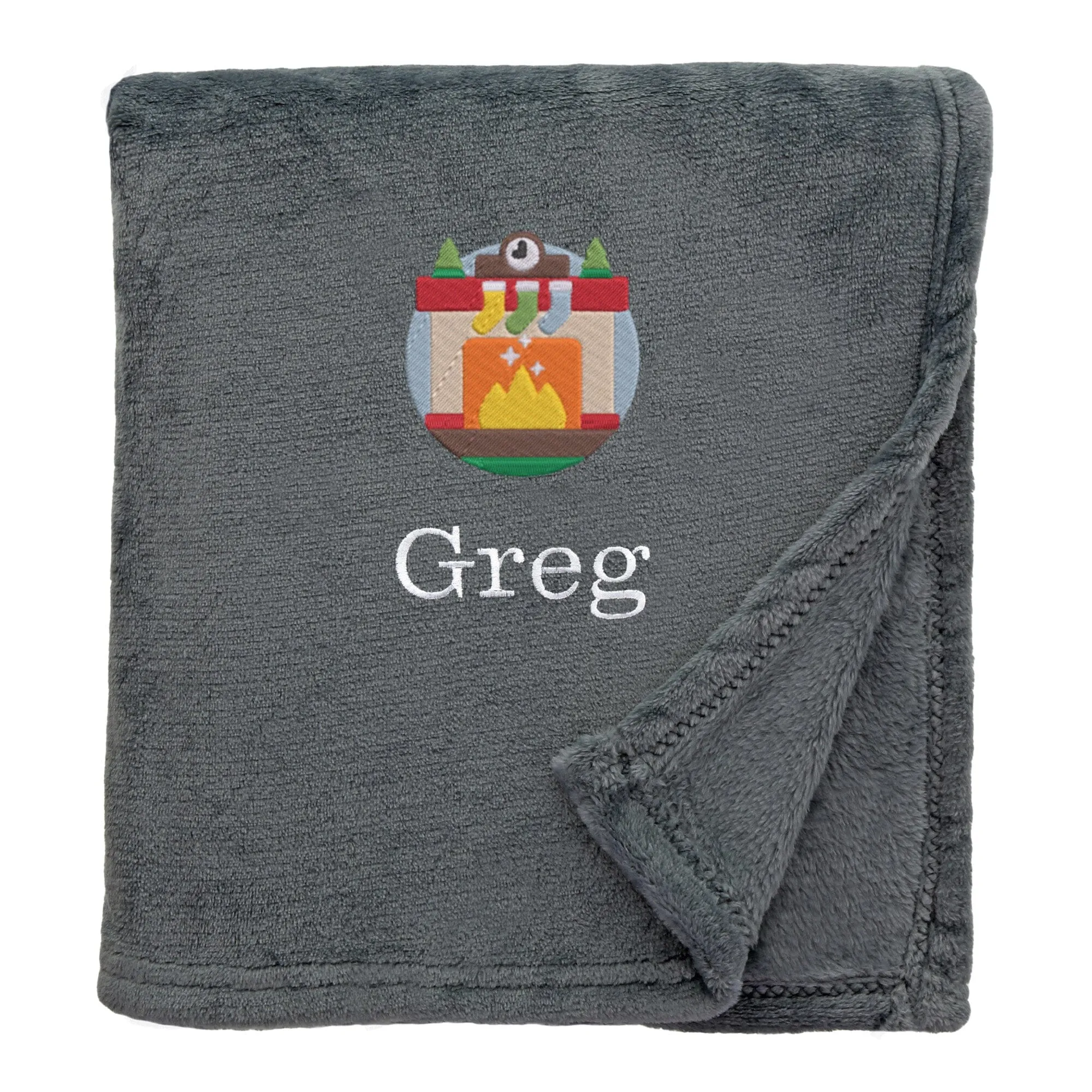 Personalised Cosy Christmas Blanket With Embroidered Winter Fireplace Design