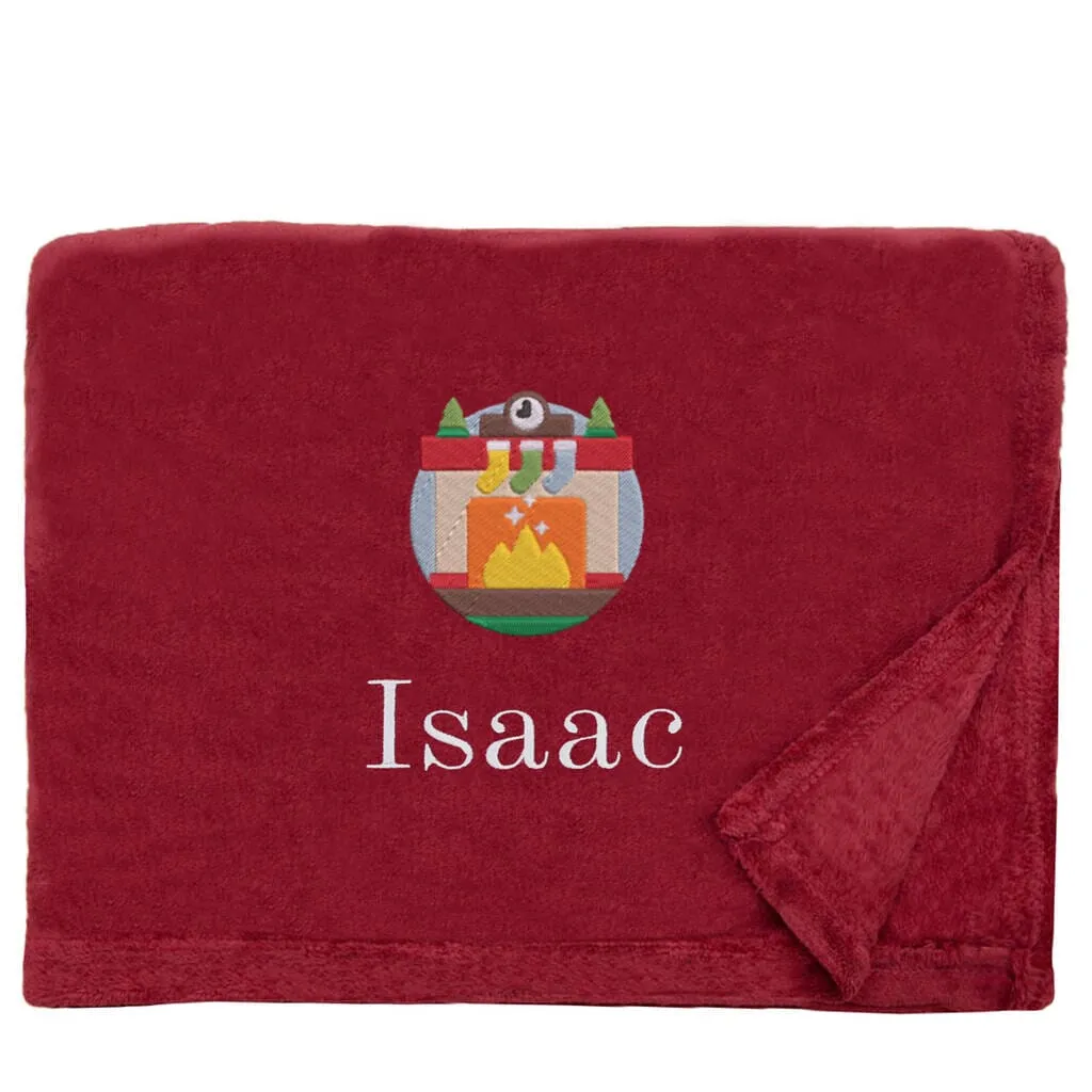 Personalised Cosy Christmas Blanket With Embroidered Winter Fireplace Design