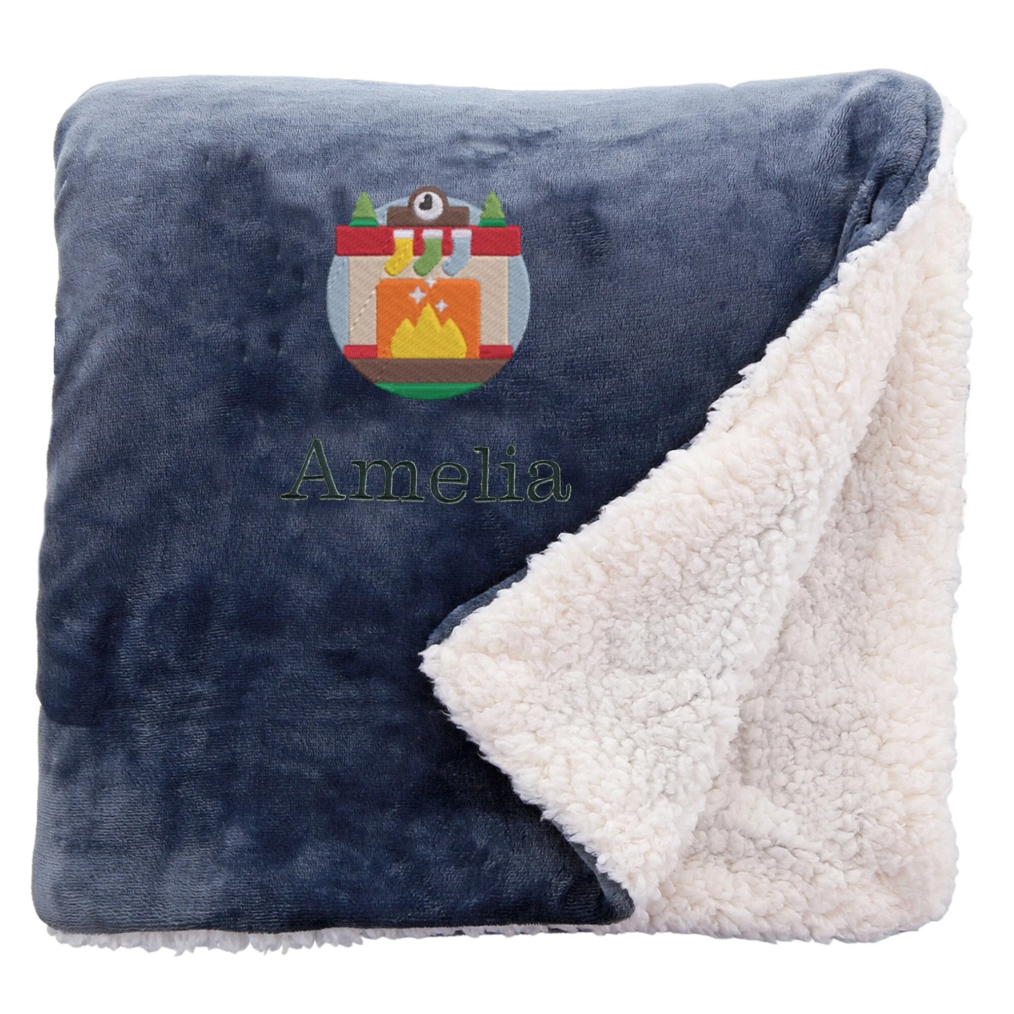 Personalised Cosy Christmas Blanket With Embroidered Winter Fireplace Design
