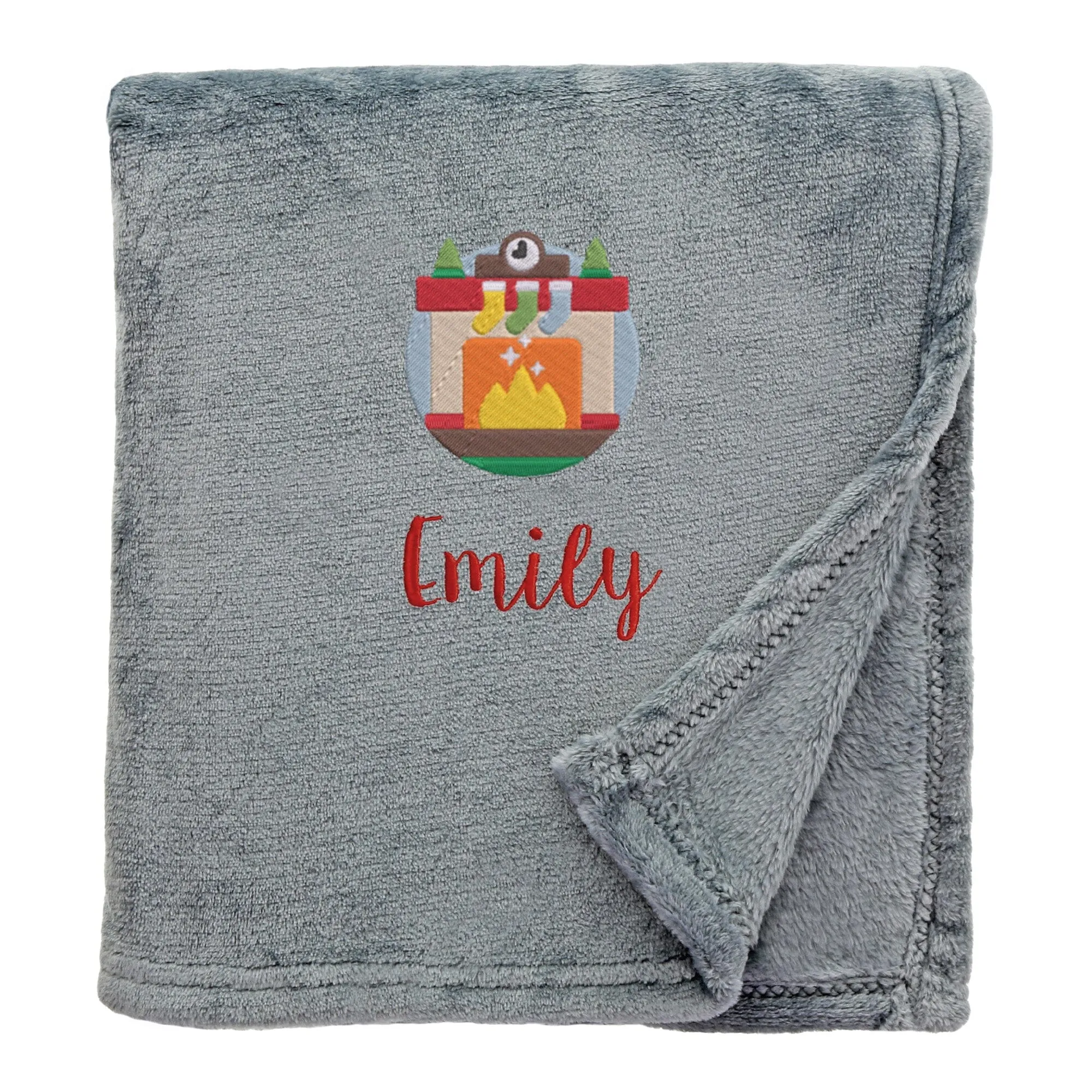 Personalised Cosy Christmas Blanket With Embroidered Winter Fireplace Design