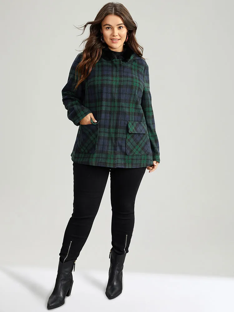 Plaid Button Fly Hooded Fuzzy Trim Coat