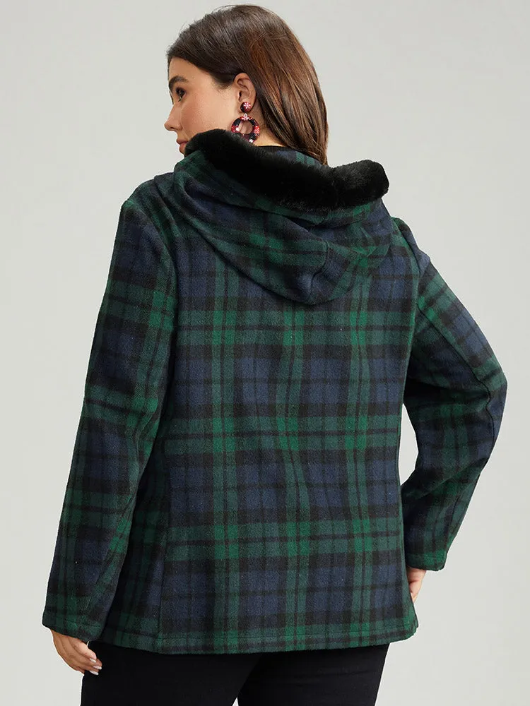 Plaid Button Fly Hooded Fuzzy Trim Coat