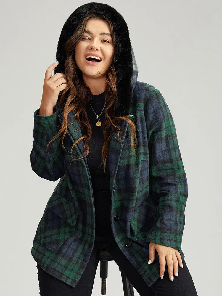 Plaid Button Fly Hooded Fuzzy Trim Coat