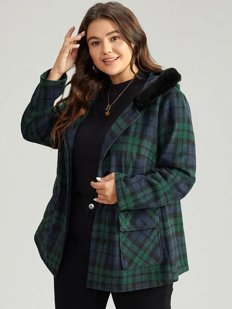 Plaid Button Fly Hooded Fuzzy Trim Coat
