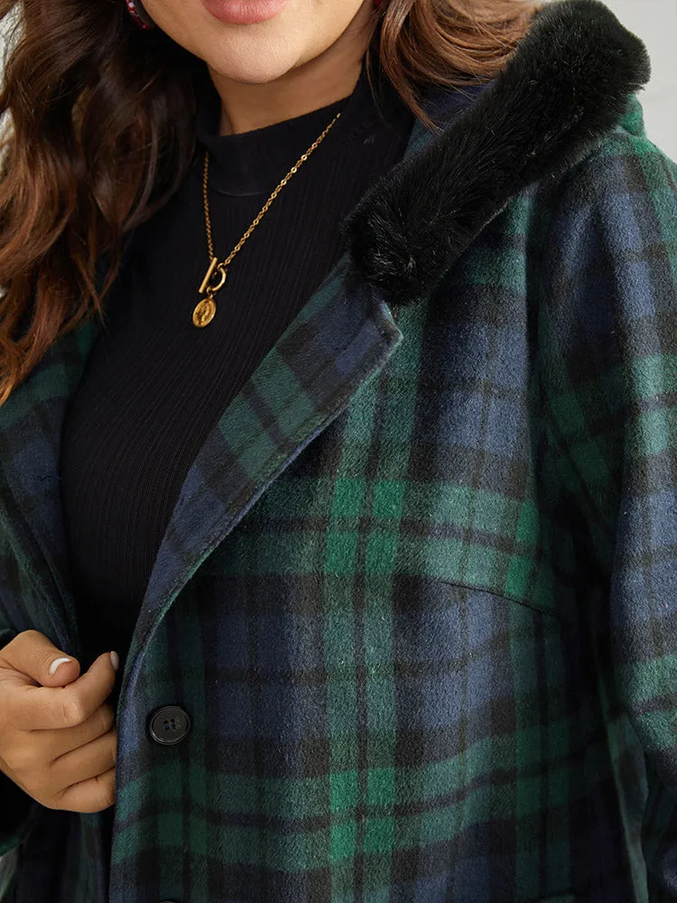Plaid Button Fly Hooded Fuzzy Trim Coat