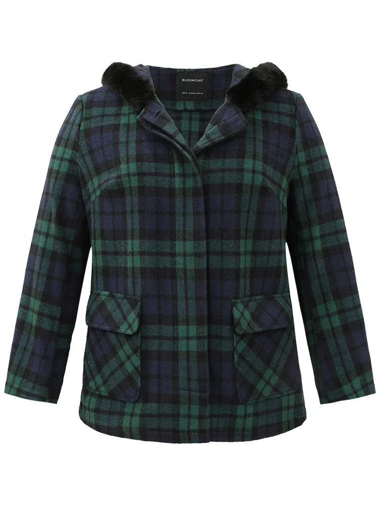 Plaid Button Fly Hooded Fuzzy Trim Coat