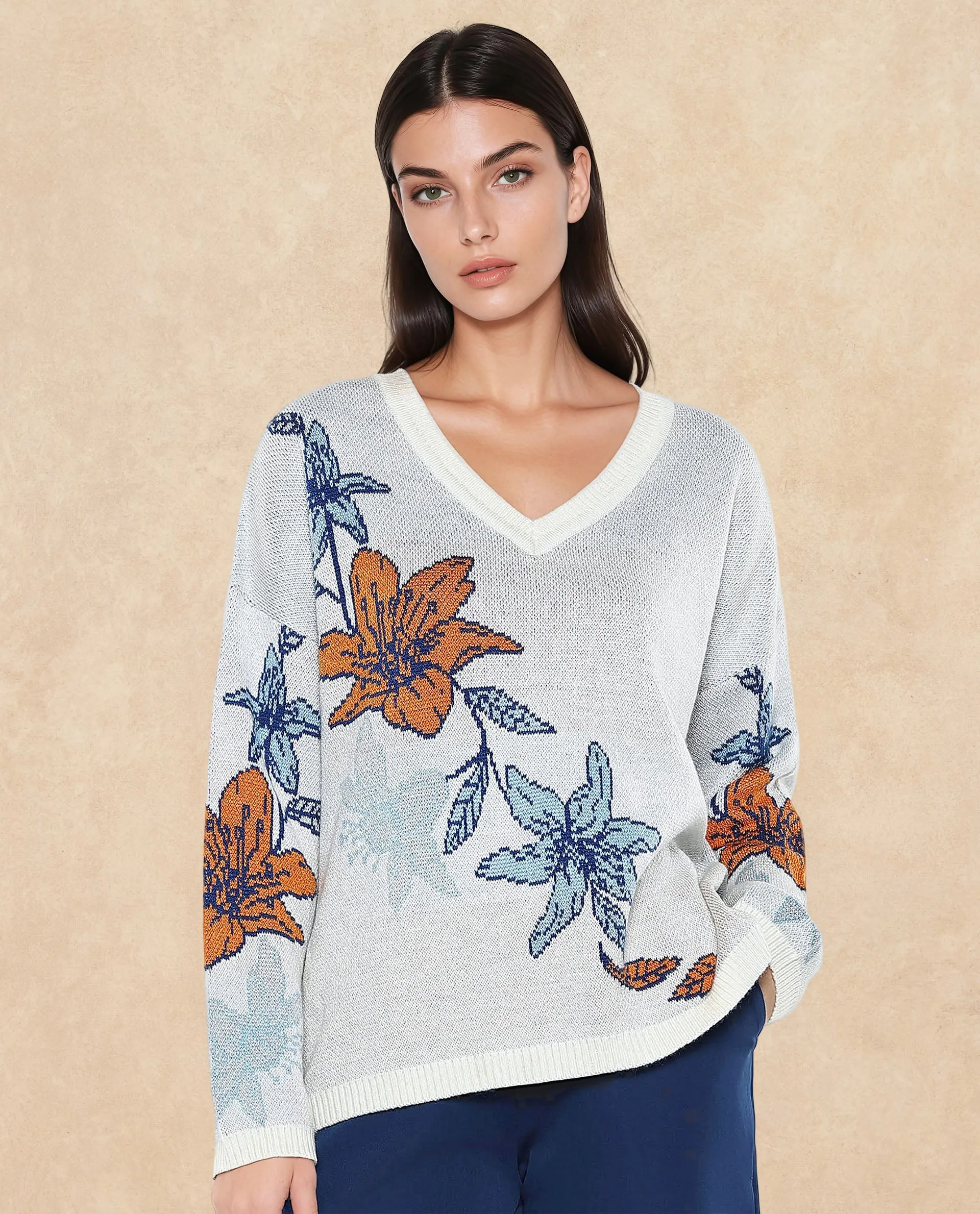 Rareism Women Cometry Off White Relaxed Fit Floral Jacquard Printed Sweater