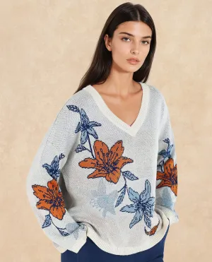 Rareism Women Cometry Off White Relaxed Fit Floral Jacquard Printed Sweater
