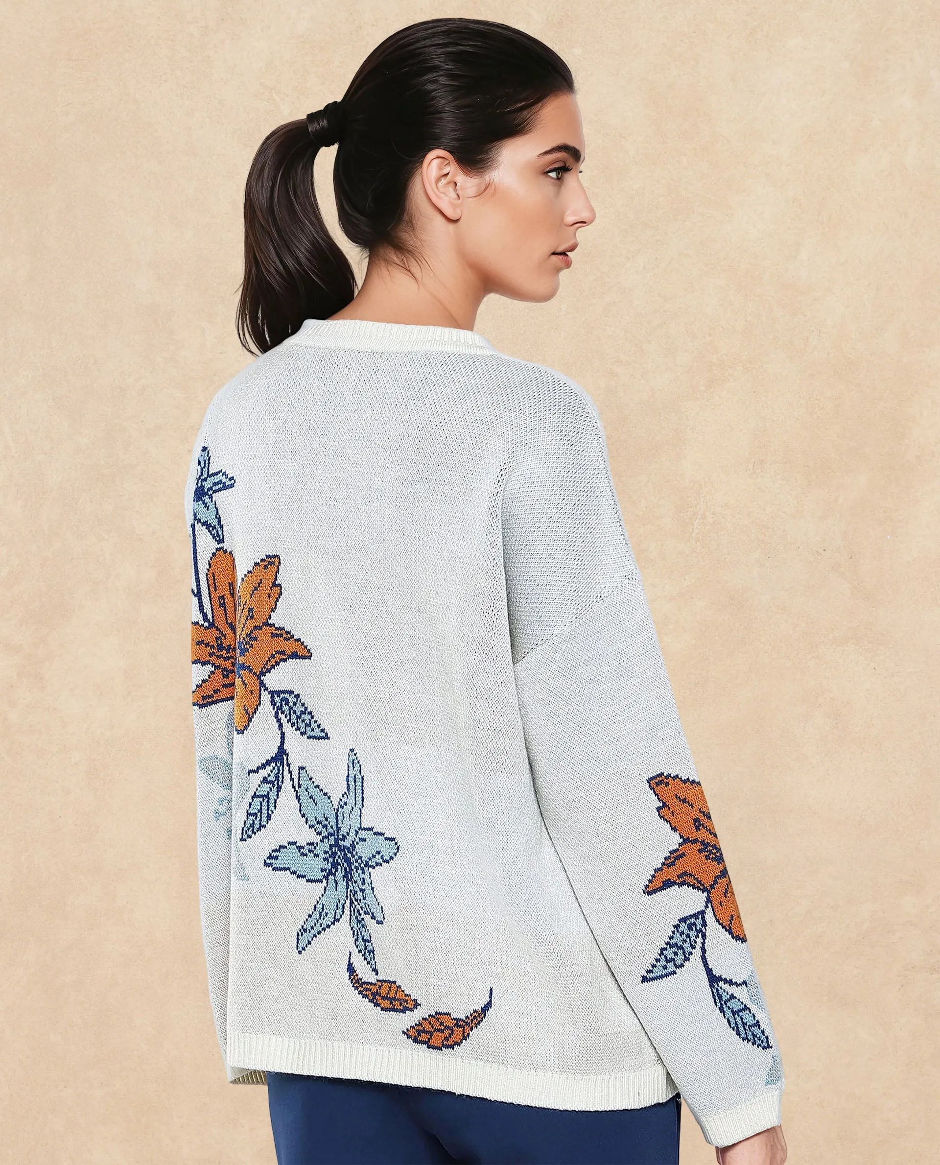 Rareism Women Cometry Off White Relaxed Fit Floral Jacquard Printed Sweater