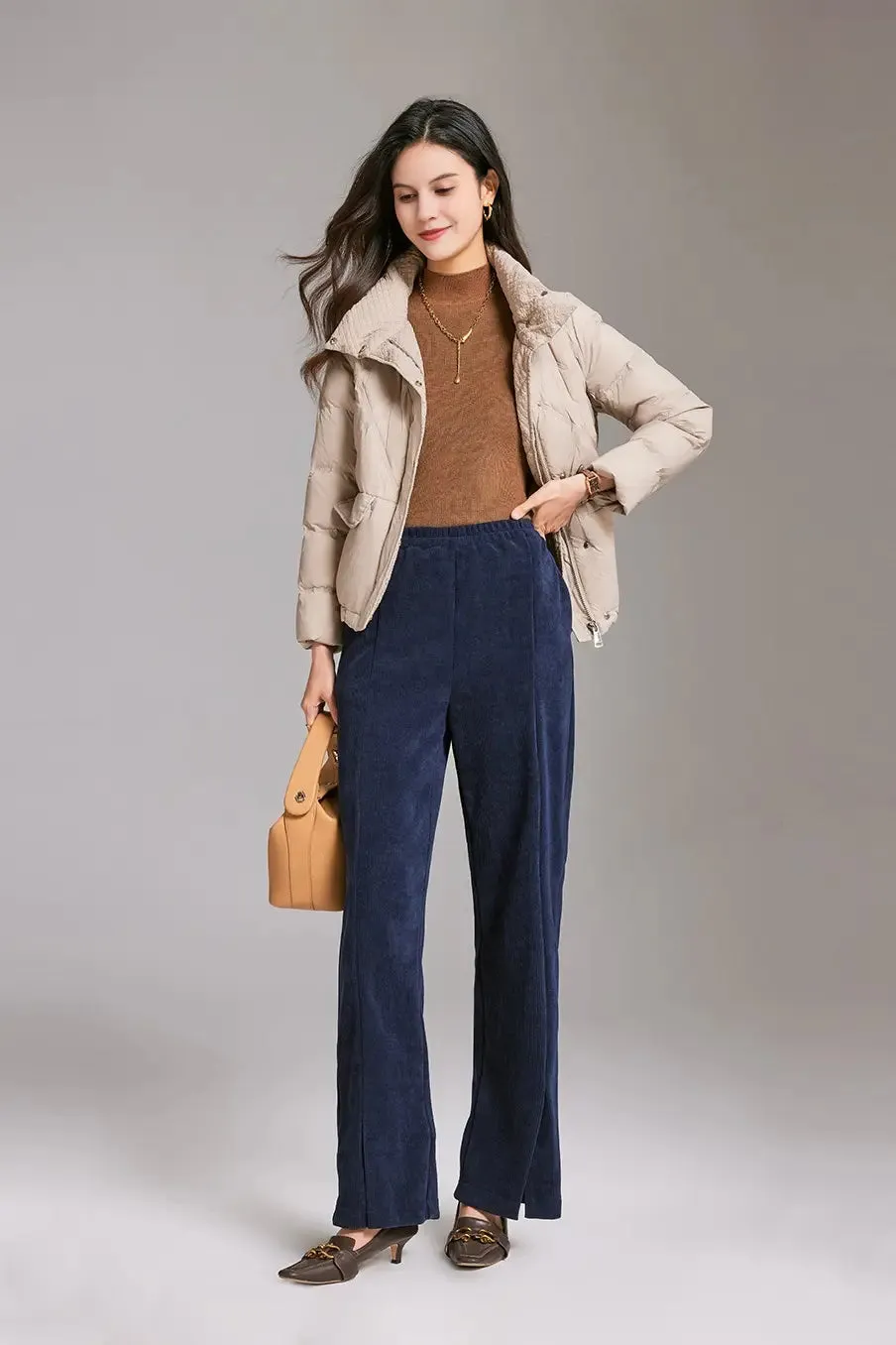 Wide-leg Front Split Pull-on Corduroy Pants