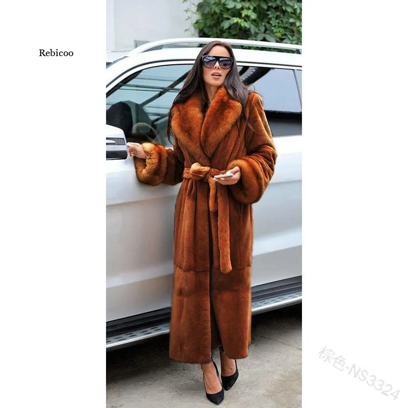 Winter Black Long Faux Fur Coat Long Sleeve Black  5XL Fake Mink Fur Coats Overcoat Women