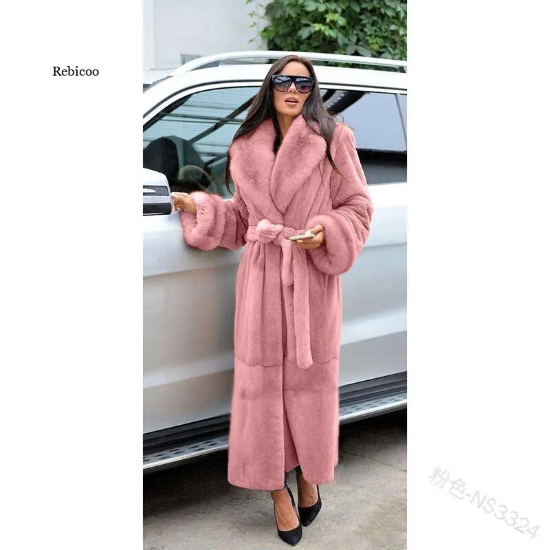 Winter Black Long Faux Fur Coat Long Sleeve Black  5XL Fake Mink Fur Coats Overcoat Women