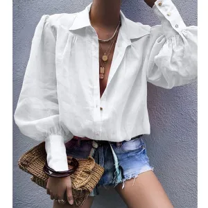 Women Cotton Linen Shirt Casual Solid Tops Blouse Long Lantern Sleeve Button Turn Down Collar Loose Oversize Shirts for Autumn