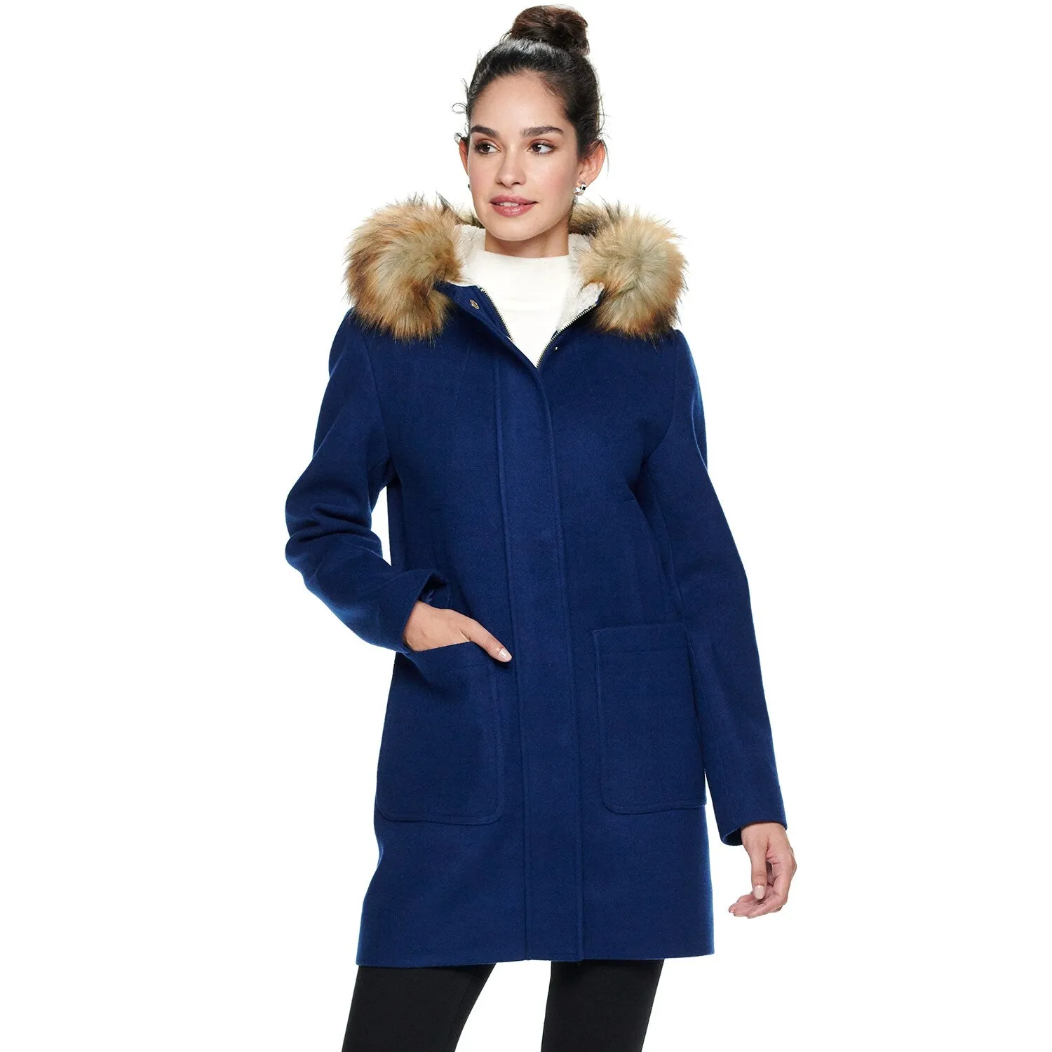 Women's Nine West Hooded Faux-Fur Trim Wool Blend Coat