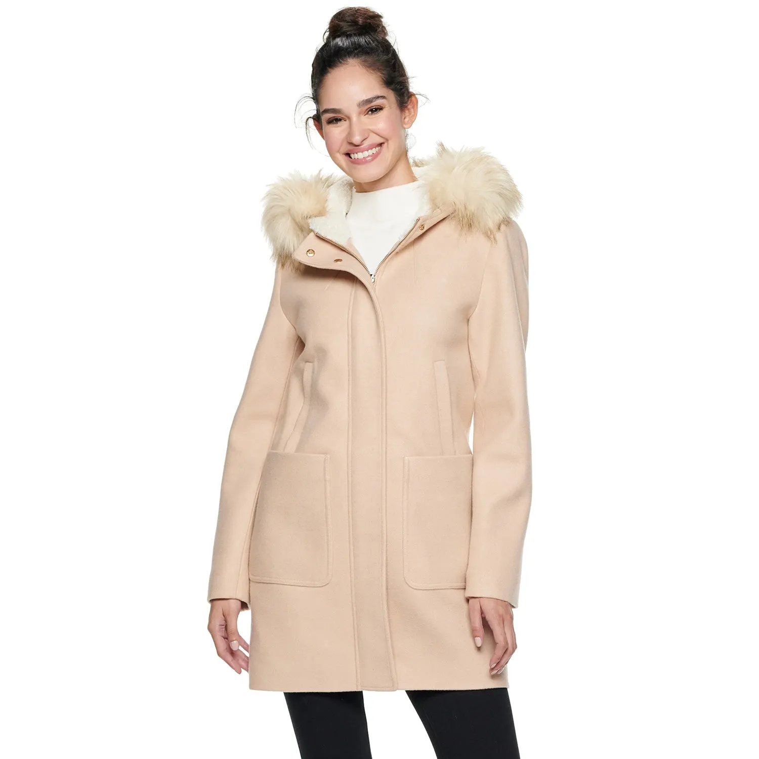 Women's Nine West Hooded Faux-Fur Trim Wool Blend Coat